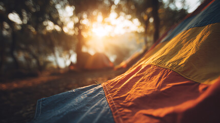 A colorful camping tent set against a serene sunrise, surrounded by nature's beauty and warm sunlight.