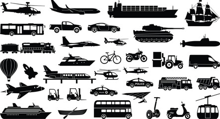 Transportation vehicle silhouettes collection, cars, ships, planes, helicopters, bikes, trucks, trains, military vehicles, modern transport icons for design and illustration © Ashadujjaman