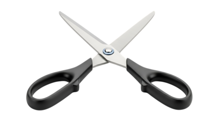 Sharp scissors with black handle isolated on transparent background