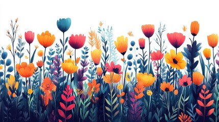 Vibrant colorful wildflowers meadow illustration.