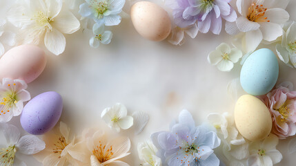 A serene arrangement of pastel eggs surrounded by delicate flowers, perfect for spring celebrations or Easter decorations.