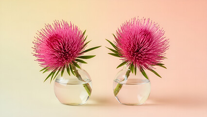 Two vibrant pink globe flowers in clear glass vases set against a soft yellow and peach gradient studio background.