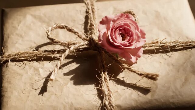 Pink Rose Decorates Rustic Gift Wrapped in Brown Paper and Tied With Jute