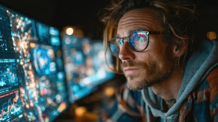 Man working at a control room with multiple screens displaying data and graphics