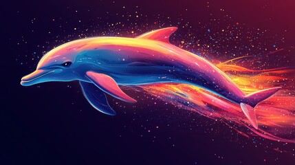 Vibrant dolphin leaping, colorful trail, dark background.