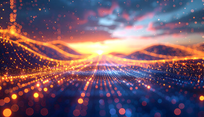 Abstract Digital Landscape with Colorful Light Waves.