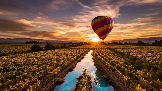4K time lapse of a vibrant hot air balloon floats gracefully above a lush vineyard at sunset, casting long shadows over golden vines. Warm colors & peaceful ambiance create a dreamy, romantic scene