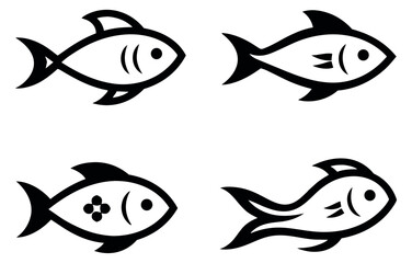 Simple line art fish icon set featuring various stylized designs for marine and food related branding