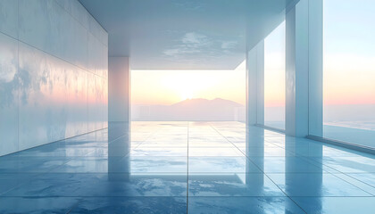 Modern Minimalist Interior with Panoramic View of Sunrise.
