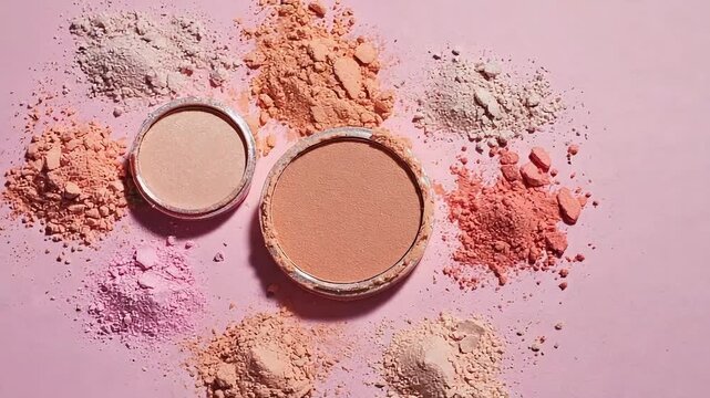 Top View of Crushed Cosmetic Powder and Compact Blushes on Pink Background