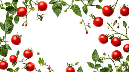 Fresh cherry tomatoes on vines organic produce border for healthy food marketing and culinary design isolated on white background.