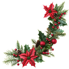Christmas garland with poinsettias holly pine cones and red berries festive holiday decoration for winter celebrations isolated on white backgroound.