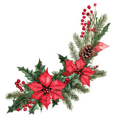 Watercolor Christmas floral arrangement with poinsettias holly pine cones and berries festive holiday design element for cards on white background.