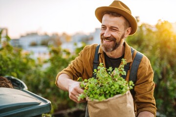 Man smiles while gardening in urban setting during sunset, holding fresh herbs in a bag