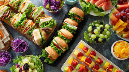 Fototapeta premium A vibrant assortment of fresh sandwiches and colorful fruits arranged beautifully for a healthy meal experience.
