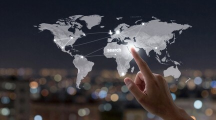 AI cloud computing and data analytics concept. Interactive map with a hand pointing, set against a blurred cityscape at night.