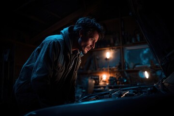 Man works on a car engine in a dark garage while focused on repair tasks at night