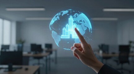 AI cloud computing and data analytics concept. A hand interacts with a holographic globe displaying a futuristic cityscape in a modern office.