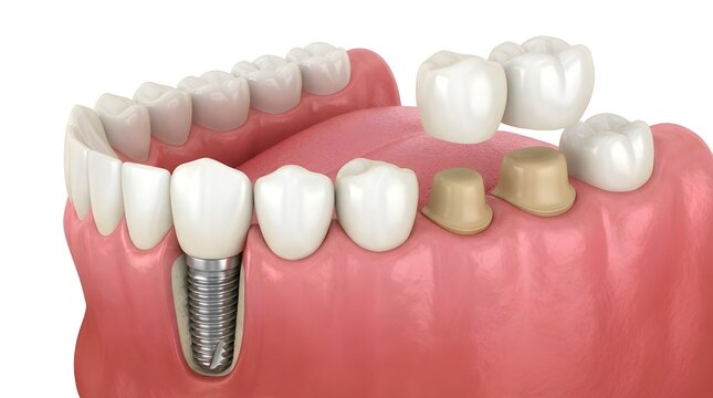 Dental Implant and Tooth Restoration Visualization on Healthy Pink Gums, Medical Illustration for Dentistry Education and Oral Health Awareness.