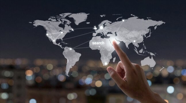 AI cloud computing and data analytics concept. Interactive map with a hand pointing, set against a blurred cityscape at night. - Powered by Adobe