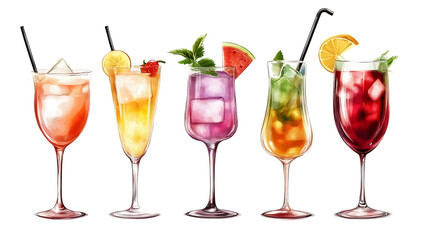 Collection of colorful refreshing cocktails with fruit garnishes perfect for summer bar menus party invitations and tropical on white background.