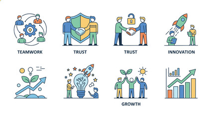 Fototapeta premium Business concepts illustrated with icons representing teamwork trust innovation and growth.