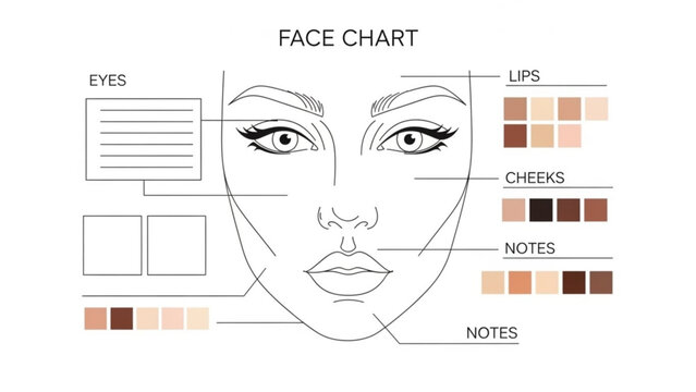 Makeup face chart illustration with color palette for eyes lips and cheeks on white background