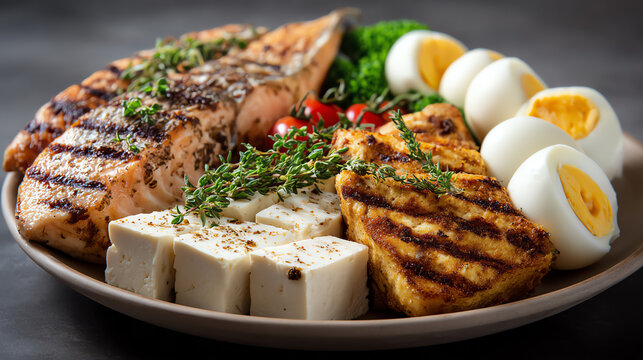 A vibrant platter of grilled salmon, tofu, and eggs garnished with fresh herbs and vegetables.