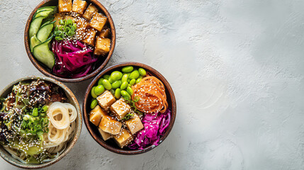 Colorful bowls filled with healthy ingredients, including tofu, vegetables, and grains, ideal for a nutritious meal.