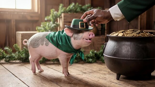 Man's hand putting a green leprechaun hat to piglet wearing a green bandana, the piglet is sniffing a pot filled with golden coins for st. Patrick's day