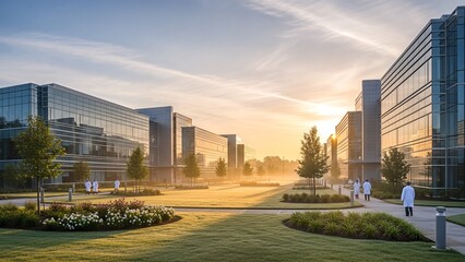 Modern Corporate Campus at Sunrise with Lush Greenery and Professional Walkways
