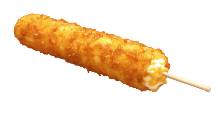 Golden fried mozzarella cheese stick pulled apart on a wooden skewer revealing hot melted cheese filling isolated on black background for food photography.