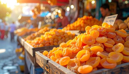 Bright apricots sit piled high on a stall at a bustling outdoor market under a sunny sky