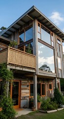 Fototapeta premium Modern Wooden House with Large Glass Windows and Balcony.