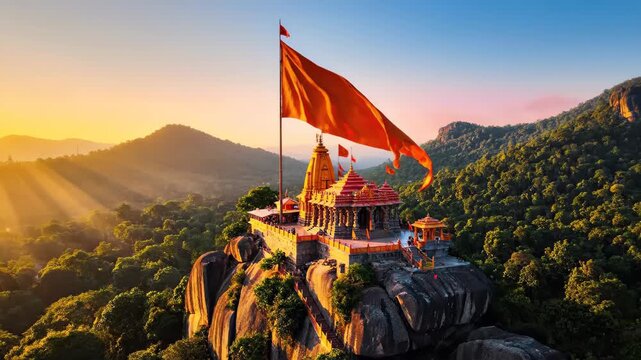 Ancient Hindu temple on mountain cliff at sunset photo