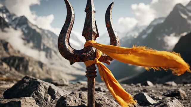 Ancient metal trishula with orange flag in Himalayan mountains photography
