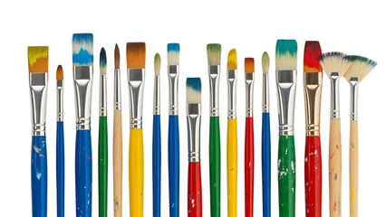 Assorted paint brushes with different colors and sizes isolated on transparent background