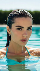 Stunning woman rising from swimming pool with alluring wet look