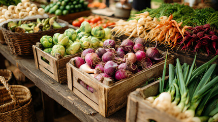 Fresh, vibrant vegetables displayed in wooden crates at an open-air market, showcasing nature's bounty.