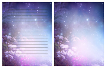 Letter template, fantasy card with flower on misty garden background with lines and copy space, printable To Do List, lined organizer or planner, diary or note paper with blank empty place.
