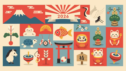2026年の日本の伝統的なお正月飾りと縁起物を集めた、カラフルで楽しいイラストレーション。.