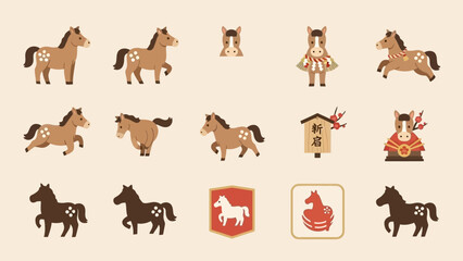 様々なポーズの馬のイラストと日本の伝統的なモチーフが描かれたデザイン素材集.