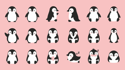 Naklejka premium かわいいペンギンのイラスト集、様々なポーズや表情で描かれた愛らしいキャラクターたち.
