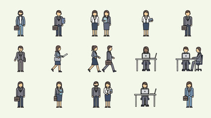 ビジネスシーンで働く様々な職業の人々を表すイラストのセット.