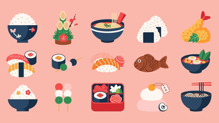 日本の伝統的な食べ物と文化のイラスト集。お寿司、おにぎり、ラーメン、天ぷら、お餅など、様々な日本の食文化を表現しています。.