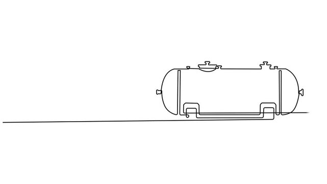 Horizontal Storage Tank animation continuous one line drawing, continuous one line drawing of a horizontal industrial tanker for fuel or water storage a large cistern vector monoline design 4k video.