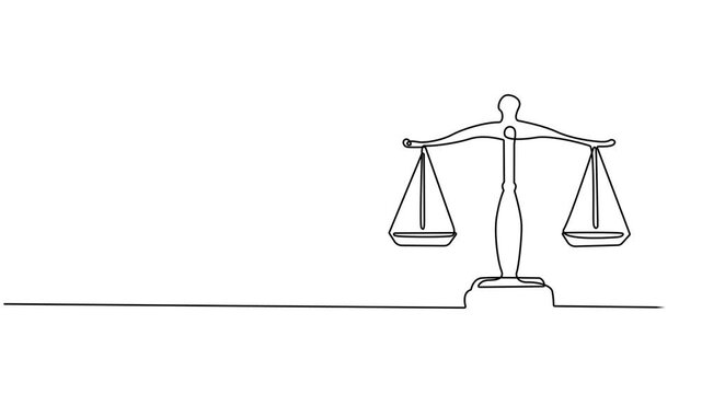 Self animated continuous one line drawing the scales. Self drawing animated justice scale. Full length motion, Self drawing line animation scales of justice courtroom continuous one single line drawn.