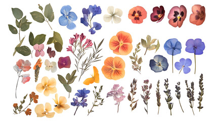 Collection of pressed flowers and leaves vibrant watercolor botanical elements for natural design isolated on white background.