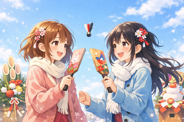 青空の下で羽子板を楽しむアニメ美少女二人　お正月の門松と和風イラスト

