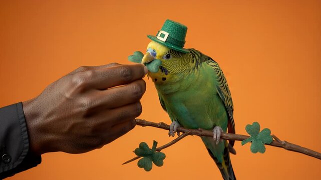 Man's hand giving three-leaf shamrock to green parakeet with small leprechaun hat perched on a branch adorned with shamrocks on orange studio background